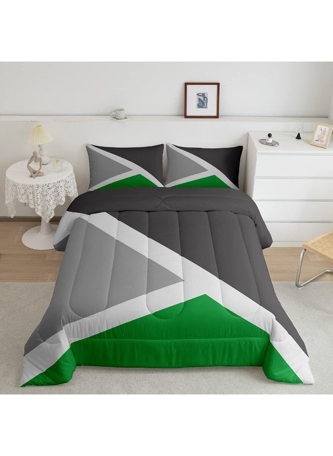 Erosebridal - Erosebridal Green and Gray Down Comforter Geometric Triangle Comforter Set Queen Patchwork Geometry Bedding Set Rustic Home Room Decor, Simple Modern Abstract Quilt Duvet Insert with 2 Pillow Cases - Image 1