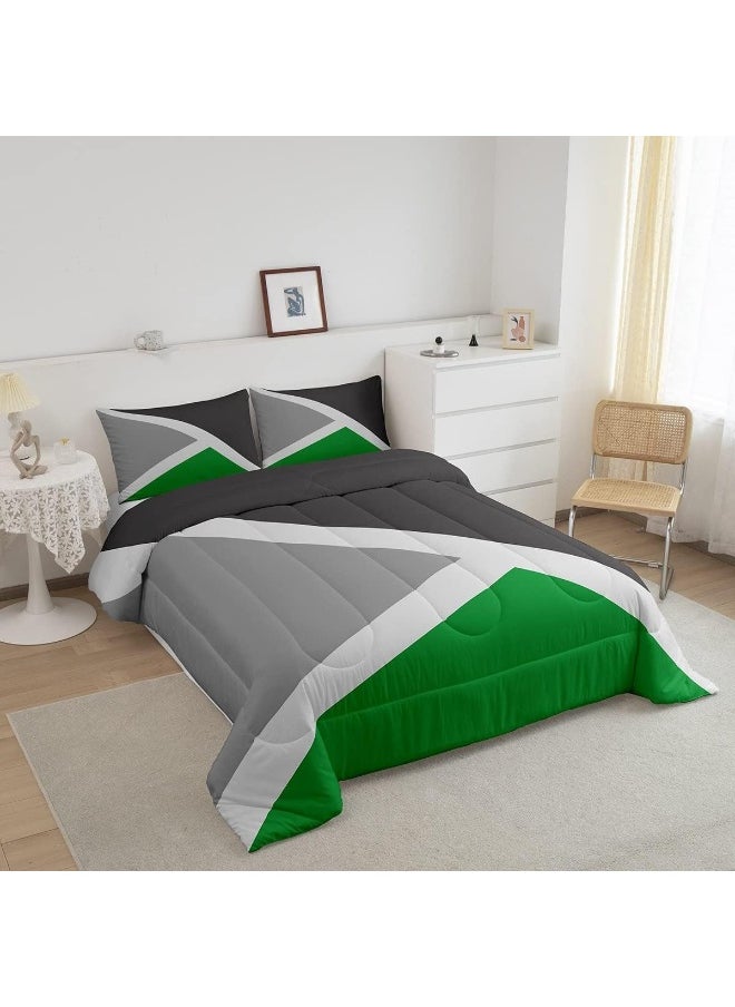 Erosebridal - Erosebridal Green and Gray Down Comforter Geometric Triangle Comforter Set Queen Patchwork Geometry Bedding Set Rustic Home Room Decor, Simple Modern Abstract Quilt Duvet Insert with 2 Pillow Cases - Image 1