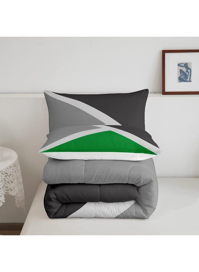 Erosebridal - Erosebridal Green and Gray Down Comforter Geometric Triangle Comforter Set Queen Patchwork Geometry Bedding Set Rustic Home Room Decor, Simple Modern Abstract Quilt Duvet Insert with 2 Pillow Cases - Image 1