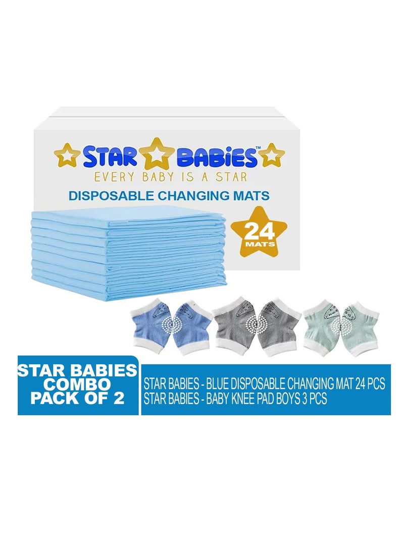 STAR BABiES Star Babies - Combo Pack of 2- Disposable Changing Mat Pack of 24 with Baby Boy's Knee Pad - Blue  - Image 2