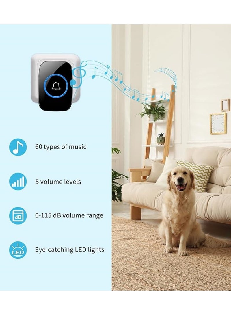 جرس باب لاسلكي صغير مقاوم للماء، جرس باب 110 ديسيبل، وضع كتم الصوت، طقم جرس باب مقاوم للماء، مدى يزيد عن 985 قدمًا، 60 جرس باب، 5 مستويات من الصوت وفلاش LED للمنزل والمكتب والفصول الدراسية - Image 4