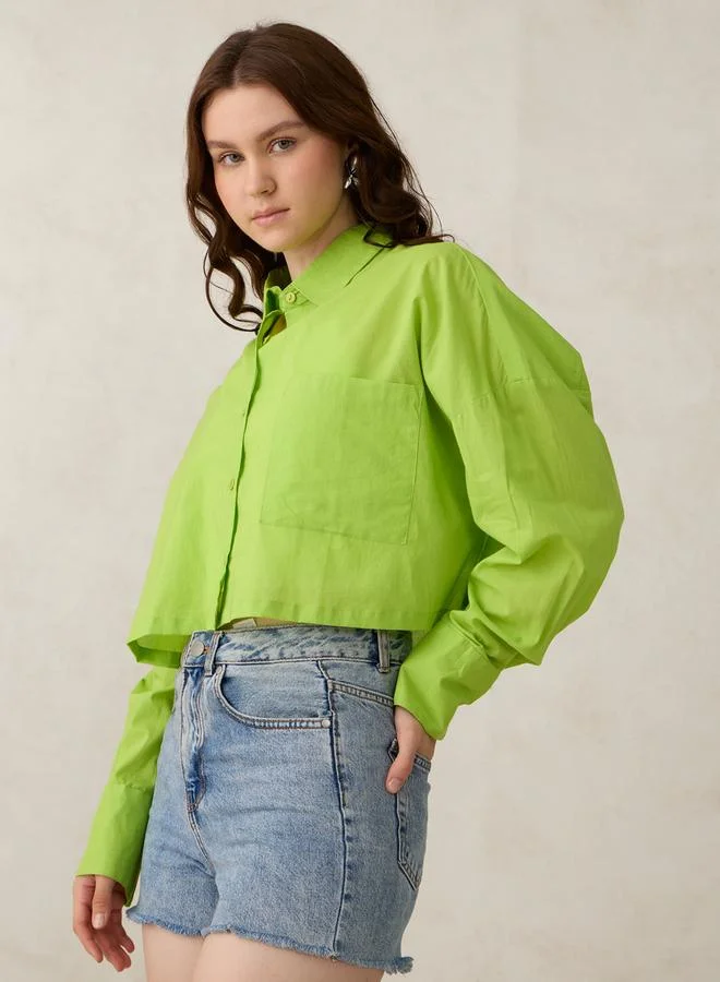 OUTZIDR Green Crop Solid Shirt with Pockets