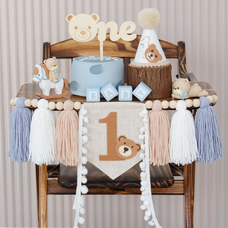 DCJHFJ Bear First Birthday Blue High Chair Banner Decorations Baby Boy With 1st Birthday Hat One Cake Topper For 1st Birthday Party Decor - Image 3