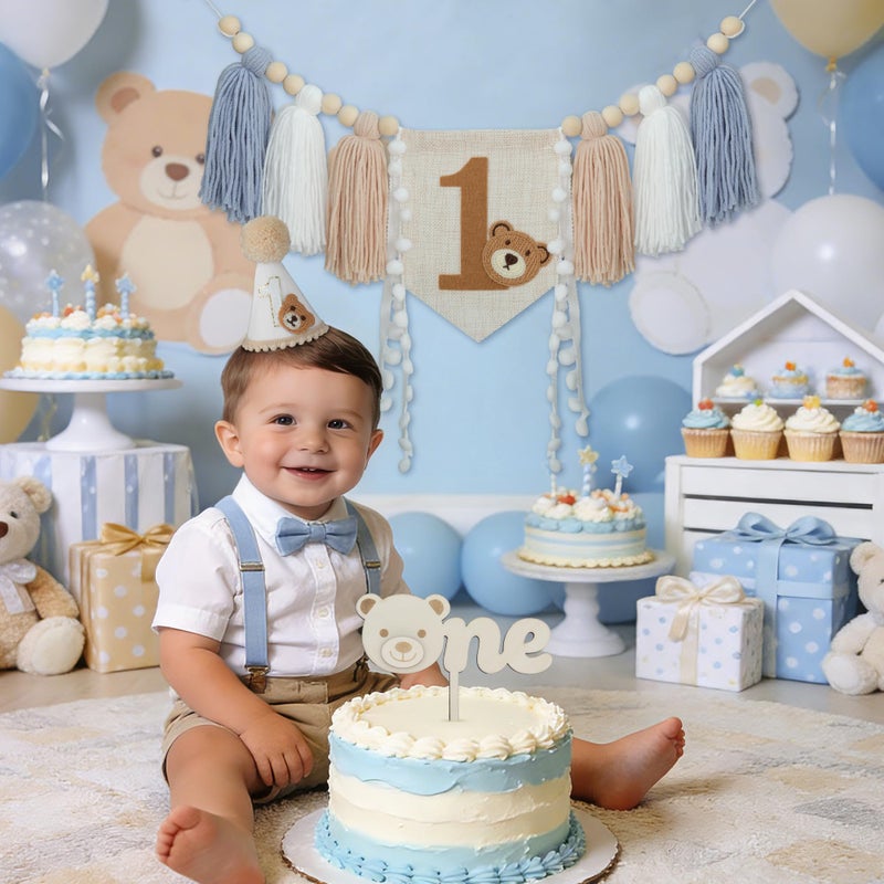 DCJHFJ Bear First Birthday Blue High Chair Banner Decorations Baby Boy With 1st Birthday Hat One Cake Topper For 1st Birthday Party Decor - Image 5