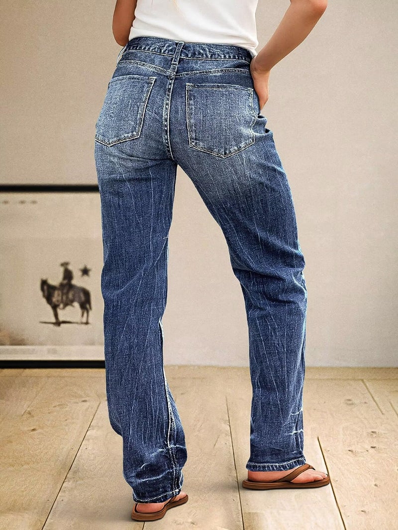 Flamingals Straight Leg Boyfriend Jeans for Women Trendy Mid Rise Wash Stretchy Casual Baggy Jeans Navy Blue XL - Image 3