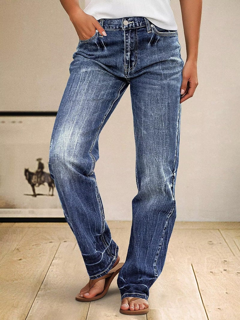 Flamingals Straight Leg Boyfriend Jeans for Women Trendy Mid Rise Wash Stretchy Casual Baggy Jeans Navy Blue XL - Image 2