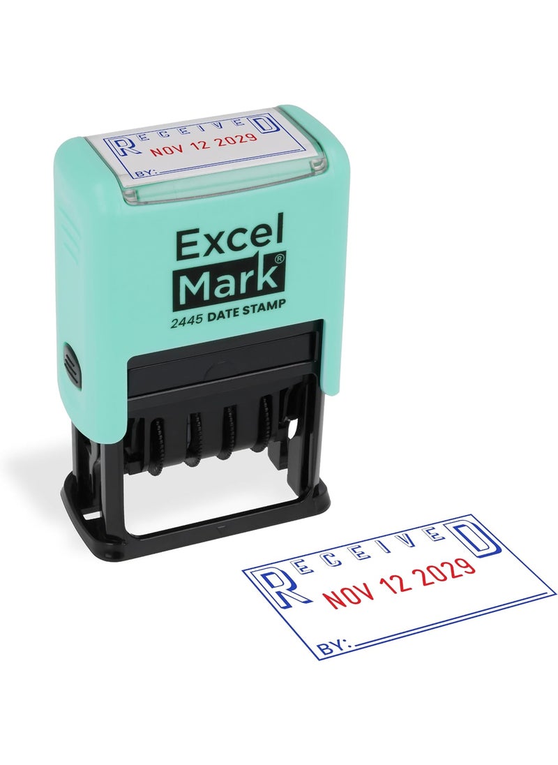 ExcelMark ExcelMark 2445 Date Stamp with Text  Blue and Red Ink Seafoam Mount Received  - Image 1