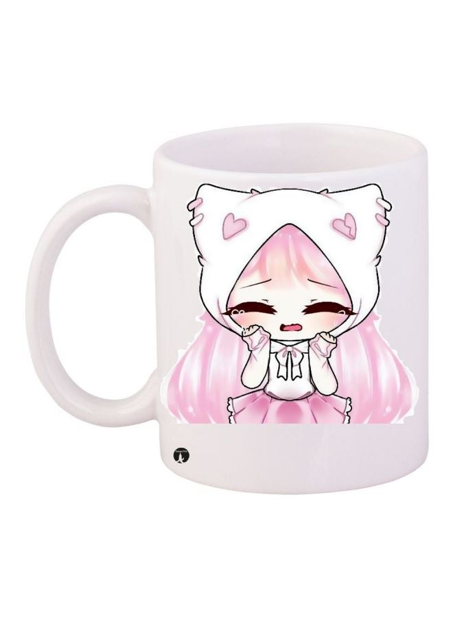 RYN Cartoon Girl Printed Coffee Mug White/Pink 11ounce