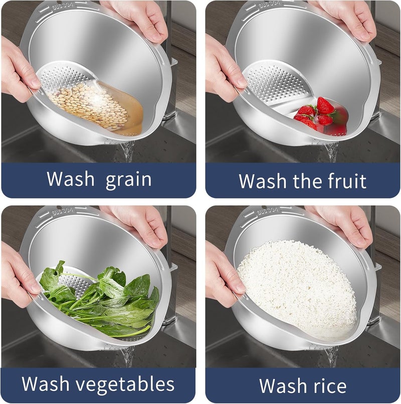 GIUOIDUORice Washer Strainer Bowl - 4-in-1 Washing Bowl for Quinoa, Stainless Steel Rinser With Side Drainers Small Colander for Cleaning Fruits, Vegetables, and Beans - Versatile Kitchen Tool - Image 2