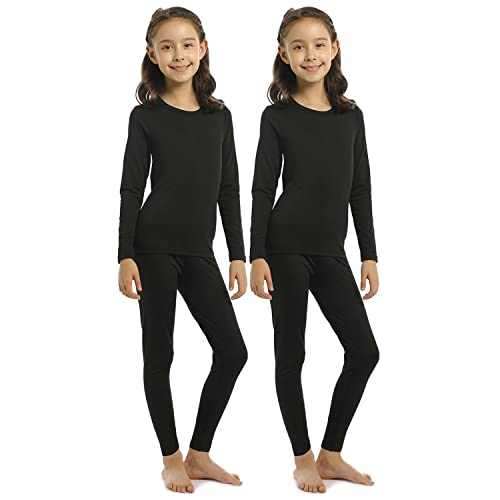 ViCherub Girls Thermal Underwear Set,Long Johns for Kids Ultra Soft Base Layer Fleece Lined Thermals Top and Bottom 2 Sets Black & Black L - Image 1