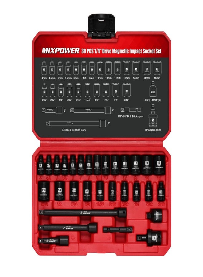 MIXPOWER 30 PCS 1/4" Drive Shallow Magnetic Impact Socket Set,Metric/SAE, 6-Point, CR-MO, Magnetic Socket with Impact Socket Adapter, Universal Joint,Extension & Drill Bit Adapter - Image 1