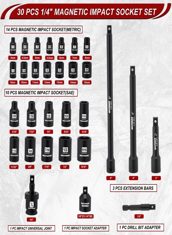 MIXPOWER 30 PCS 1/4" Drive Shallow Magnetic Impact Socket Set,Metric/SAE, 6-Point, CR-MO, Magnetic Socket with Impact Socket Adapter, Universal Joint,Extension & Drill Bit Adapter - Image 2