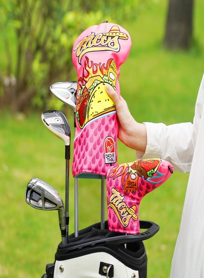 LZFAN Golf Club Head Covers Driver Fairway Hybrid Golf Club Headcover Wood Leather Protector Heavy Embroidered Pink Taco Driver - Image 3