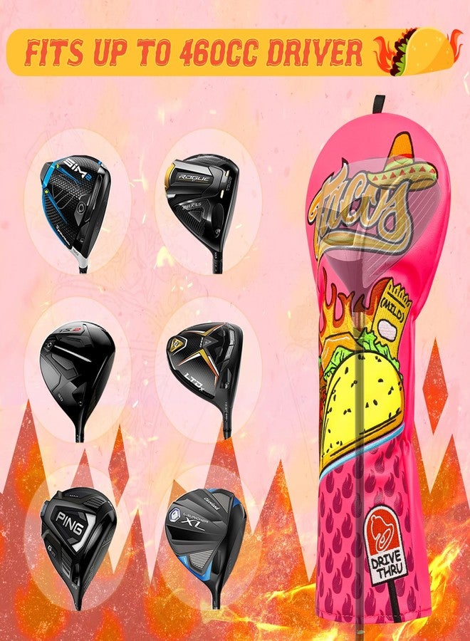 LZFAN Golf Club Head Covers Driver Fairway Hybrid Golf Club Headcover Wood Leather Protector Heavy Embroidered Pink Taco Driver - Image 2