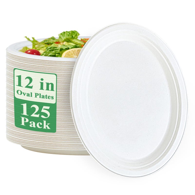 Vplus 100 Compostable Oval Paper Plates 12 inch 125 Pack Super Strong Disposable Paper Plates Bagasse Natural Biodegradable EcoFriendly Sugarcane for BBQ Party Dinner and Picnic