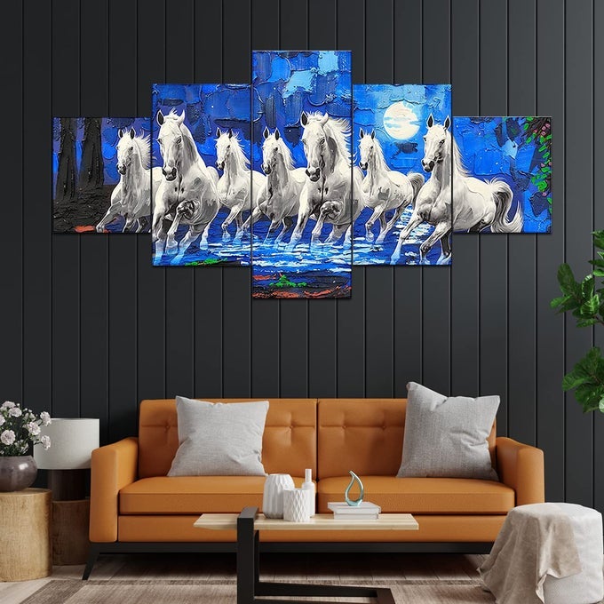 VASTUFRIENDLY 7 HORSES WALL PAINTING WITH FRAME STUNNING CANVAS ART FOR LIVING ROOM BEDROOM OFFICE HOME DECOR