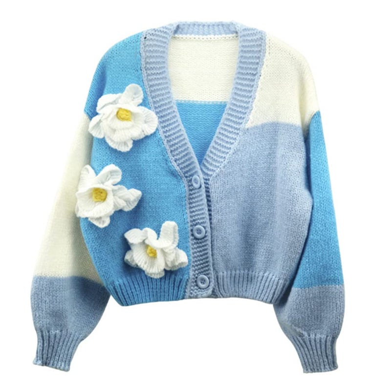 HOULENGS Women's Kawaii Floral Print Button Down Crop Cardigan Sweater Long Sleeve V Neck Knitted Cardigan Blue One Size - Image 1