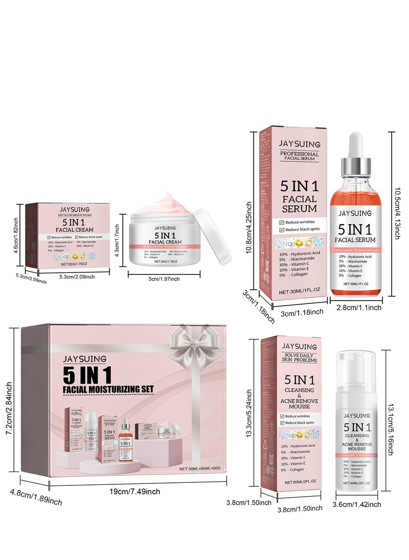 Jaysuing - 5 In 1 Moisturizing Whitening Facial Set, With Hyaluronic Acid Niacinamide Collagen Vitamin , Fast Absorbing Dark Spot Corrector Cream, Anti Wrinkles Cream For Age Defying Beauty - Image 1