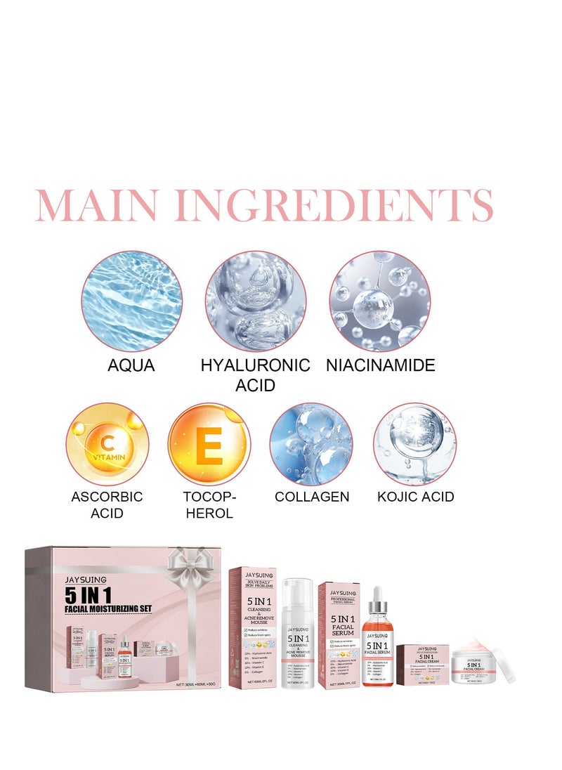 Jaysuing - 5 In 1 Moisturizing Whitening Facial Set, With Hyaluronic Acid Niacinamide Collagen Vitamin , Fast Absorbing Dark Spot Corrector Cream, Anti Wrinkles Cream For Age Defying Beauty - Image 1