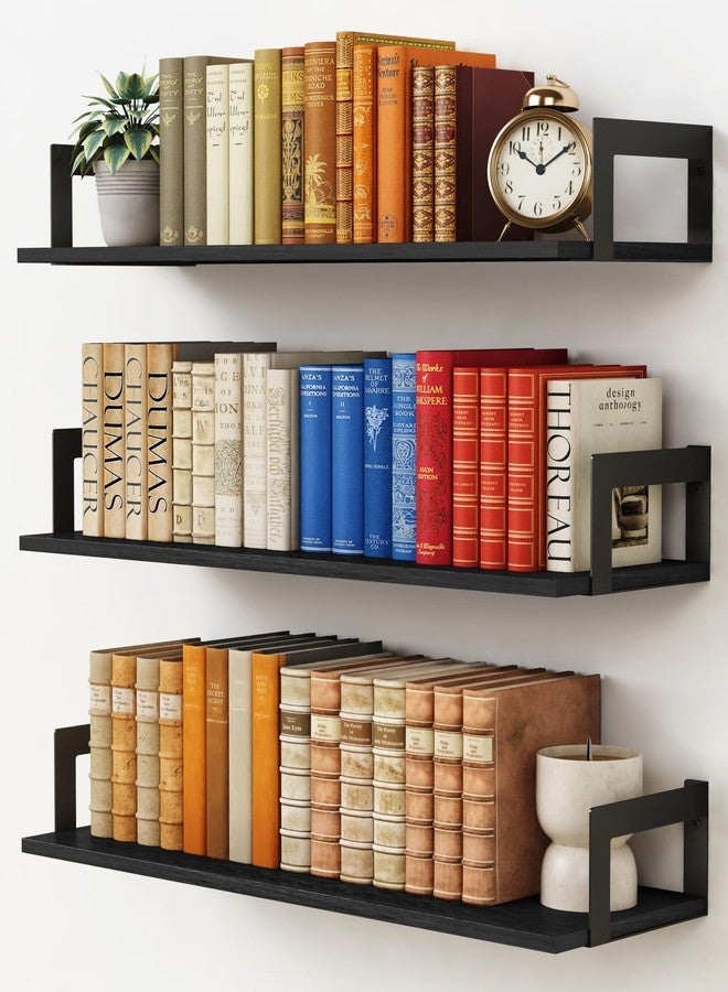 Harwaya Wall Bookshelf, 24 Inch Floating Shelves for Wall Set of 3, 8 Inches Deep Hanging Book Shelves for Living Room Bedroom Office Decor Closet Storage (Black) - Image 1