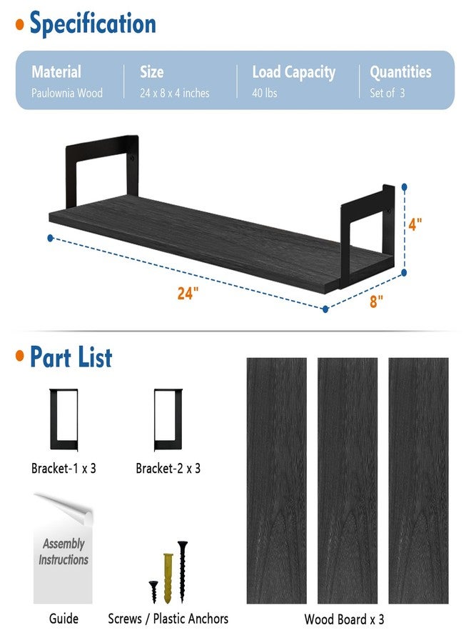 Harwaya Wall Bookshelf, 24 Inch Floating Shelves for Wall Set of 3, 8 Inches Deep Hanging Book Shelves for Living Room Bedroom Office Decor Closet Storage (Black) - Image 2