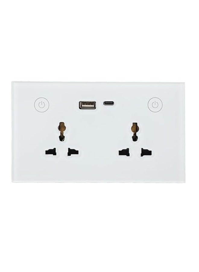 BUY4LESS Smart WiFi Wall Socket – 2 Gang (White) | Tempered Glass Panel, Universal Outlet, USB + Type-C Fast Charging, Smart Life/Tuya App Control - Image 1