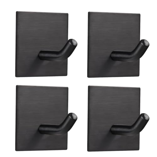 FOMANSH Heavy Duty Adhesive Hooks, Stick on Wall Adhesive Hangers, Strong Stainless Steel Holder, Self Adhesive Hooks for Kitchen Bathroom Home Door Towel Coat Key Robe 4 Packs Black - Image 1