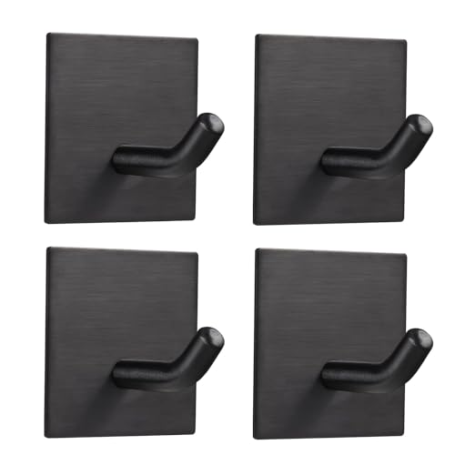 FOMANSH Heavy Duty Adhesive Hooks, Stick on Wall Adhesive Hangers, Strong Stainless Steel Holder, Self Adhesive Hooks for Kitchen Bathroom Home Door Towel Coat Key Robe 4 Packs Black - Image 2
