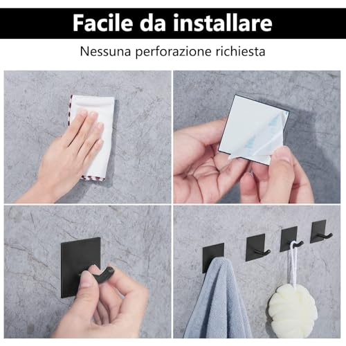 FOMANSH Heavy Duty Adhesive Hooks, Stick on Wall Adhesive Hangers, Strong Stainless Steel Holder, Self Adhesive Hooks for Kitchen Bathroom Home Door Towel Coat Key Robe 4 Packs Black - Image 3