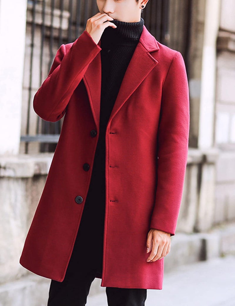 Springrain Men's Wool Blend Pea Coat Notched Collar Single Breasted Overcoat Warm Winter Trench Coat(Red-M) - Image 3