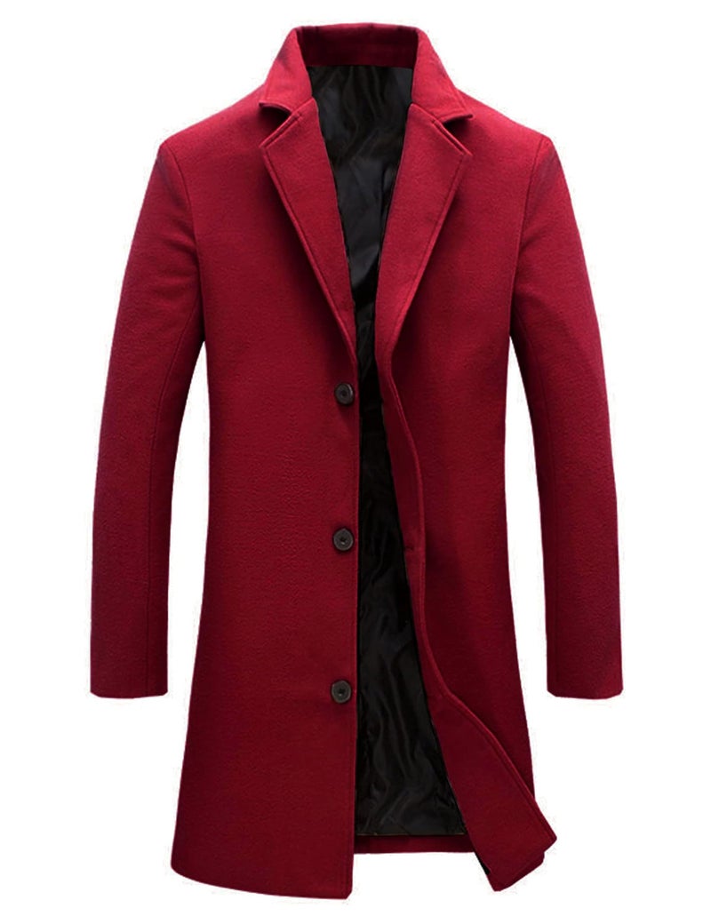 Springrain Men's Wool Blend Pea Coat Notched Collar Single Breasted Overcoat Warm Winter Trench Coat(Red-M) - Image 1
