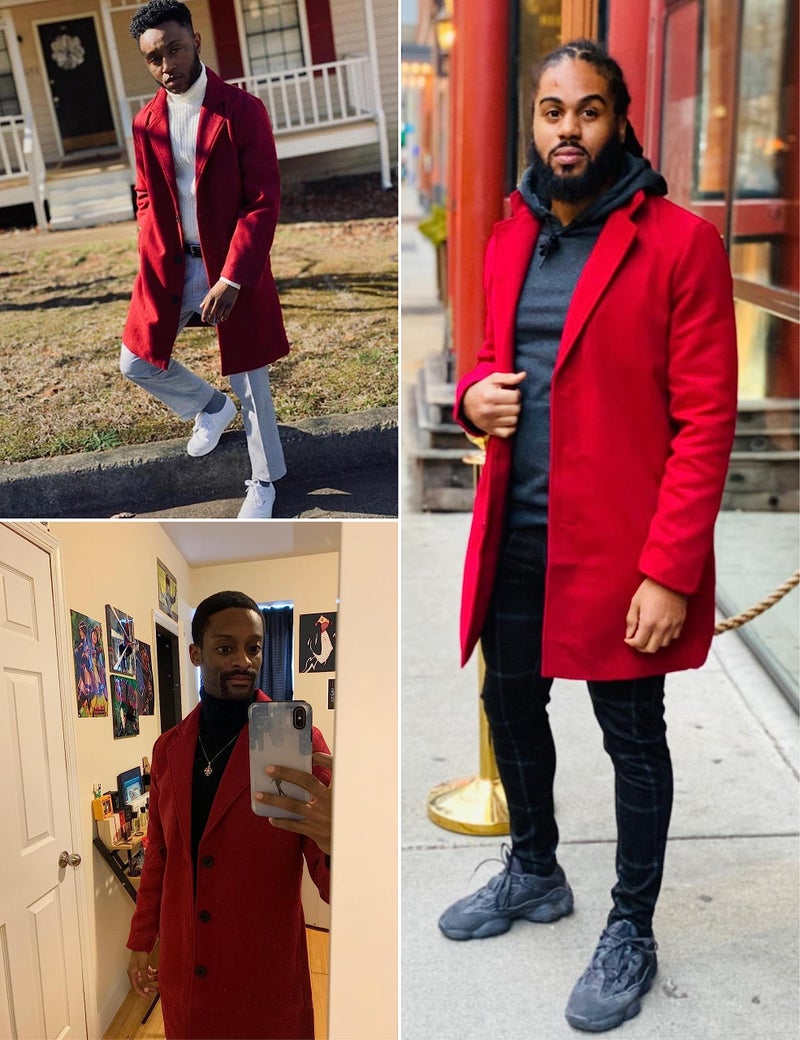 Springrain Men's Wool Blend Pea Coat Notched Collar Single Breasted Overcoat Warm Winter Trench Coat(Red-M) - Image 5