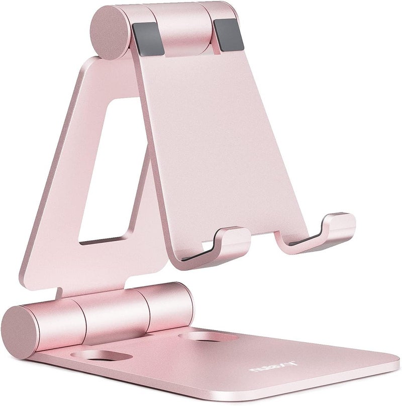nulaxy Dual Folding Cell Phone Stand, Fully Adjustable Foldable Desktop Phone Holder Cradle Dock Compatible with iPhone 17 16 15 14 13 12 11 Pro Max Xs Xr X 8, Nintendo Switch, All Phones - Rose Gold - Image 1