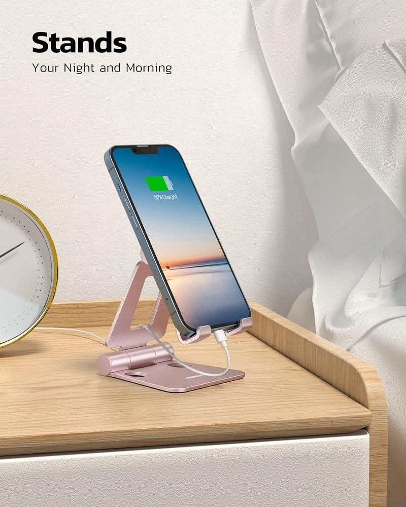 nulaxy Dual Folding Cell Phone Stand, Fully Adjustable Foldable Desktop Phone Holder Cradle Dock Compatible with iPhone 17 16 15 14 13 12 11 Pro Max Xs Xr X 8, Nintendo Switch, All Phones - Rose Gold - Image 2