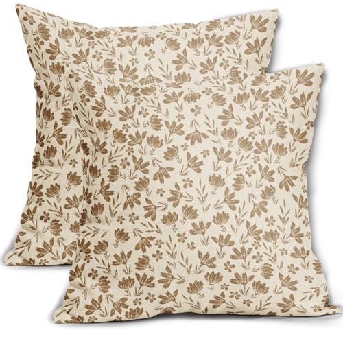 Aytipun Brown Floral Pillow Covers 18x18 Set of 2 Vintage Rustic Old Style Cute Small Flower Brown Cream Print Decorative Outdoor Pillowcases Farmhouse Throw Cushion Case Decor for Couch Sofa Bed - Image 1