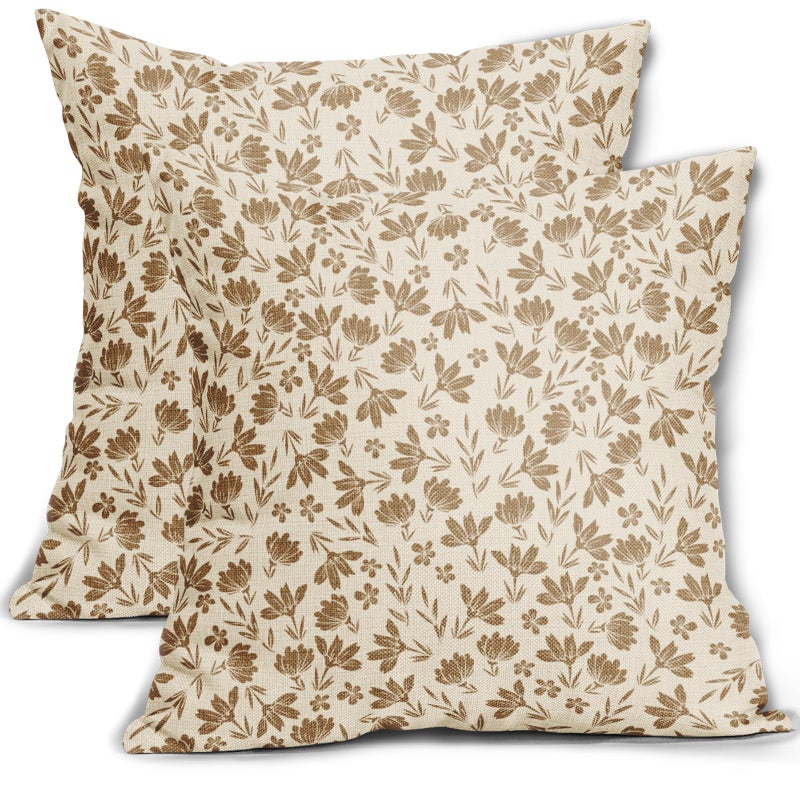 Aytipun Brown Floral Pillow Covers 18x18 Set of 2 Vintage Rustic Old Style Cute Small Flower Brown Cream Print Decorative Outdoor Pillowcases Farmhouse Throw Cushion Case Decor for Couch Sofa Bed - Image 2