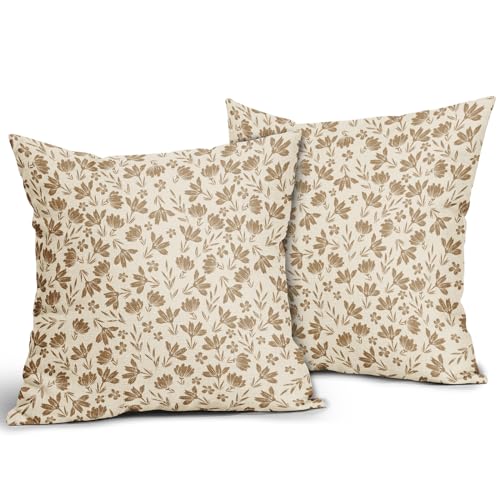 Aytipun Brown Floral Pillow Covers 18x18 Set of 2 Vintage Rustic Old Style Cute Small Flower Brown Cream Print Decorative Outdoor Pillowcases Farmhouse Throw Cushion Case Decor for Couch Sofa Bed - Image 3