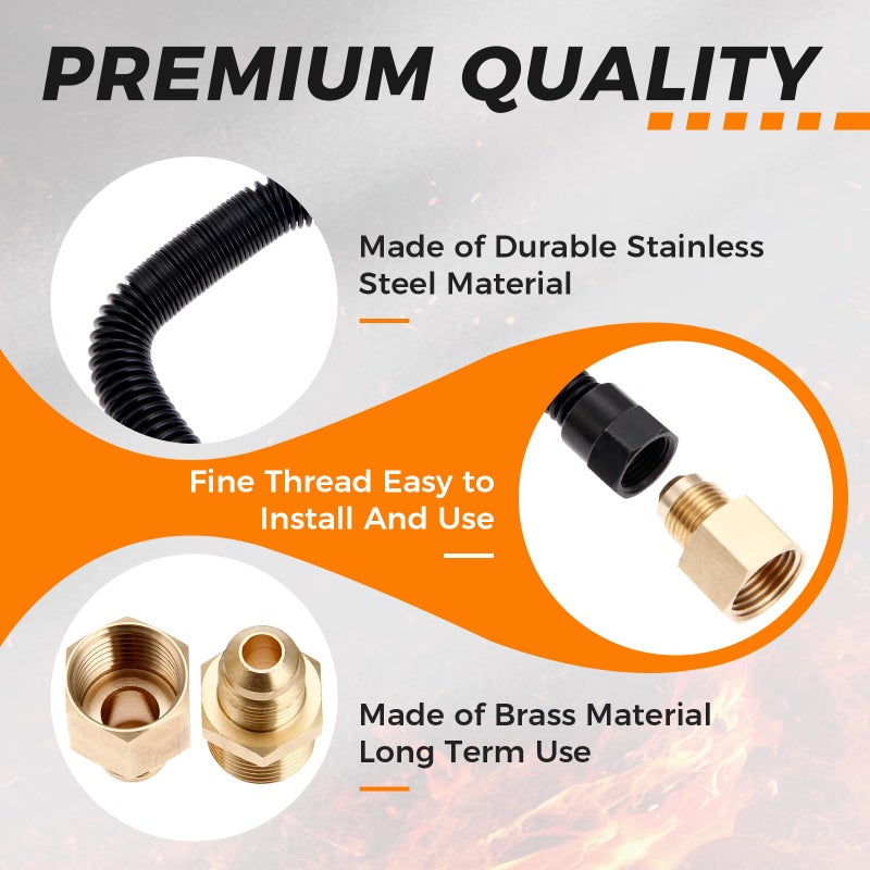 DRELD 24" Non-Whistle Flexible Flex Gas Line with 3/8" Male Flare x 1/2" Male NPT Fitting, 3/8" Male Flare x 1/2" Female NPT Fitting for Natural Gas or Liquid Propane Fire Pit and Fireplace Hose - Image 5