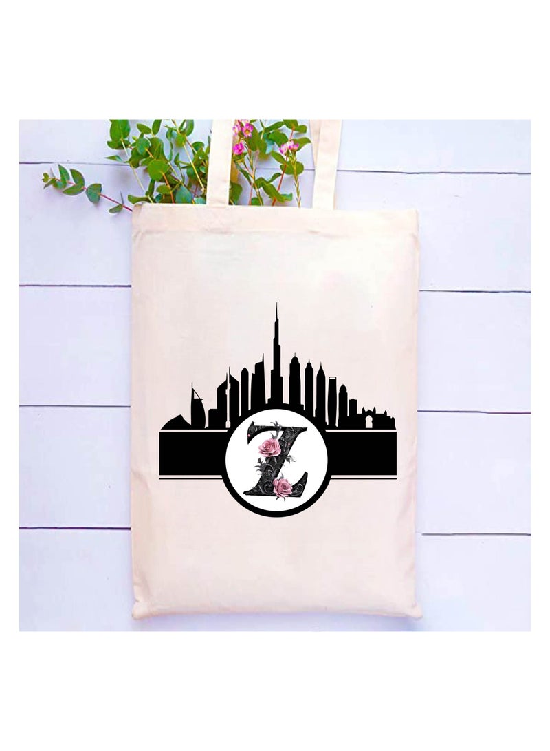 PRINTSHOP4ME Initial Monogram Cotton Tote Bag With Dubai Skyline Theme - Image 2