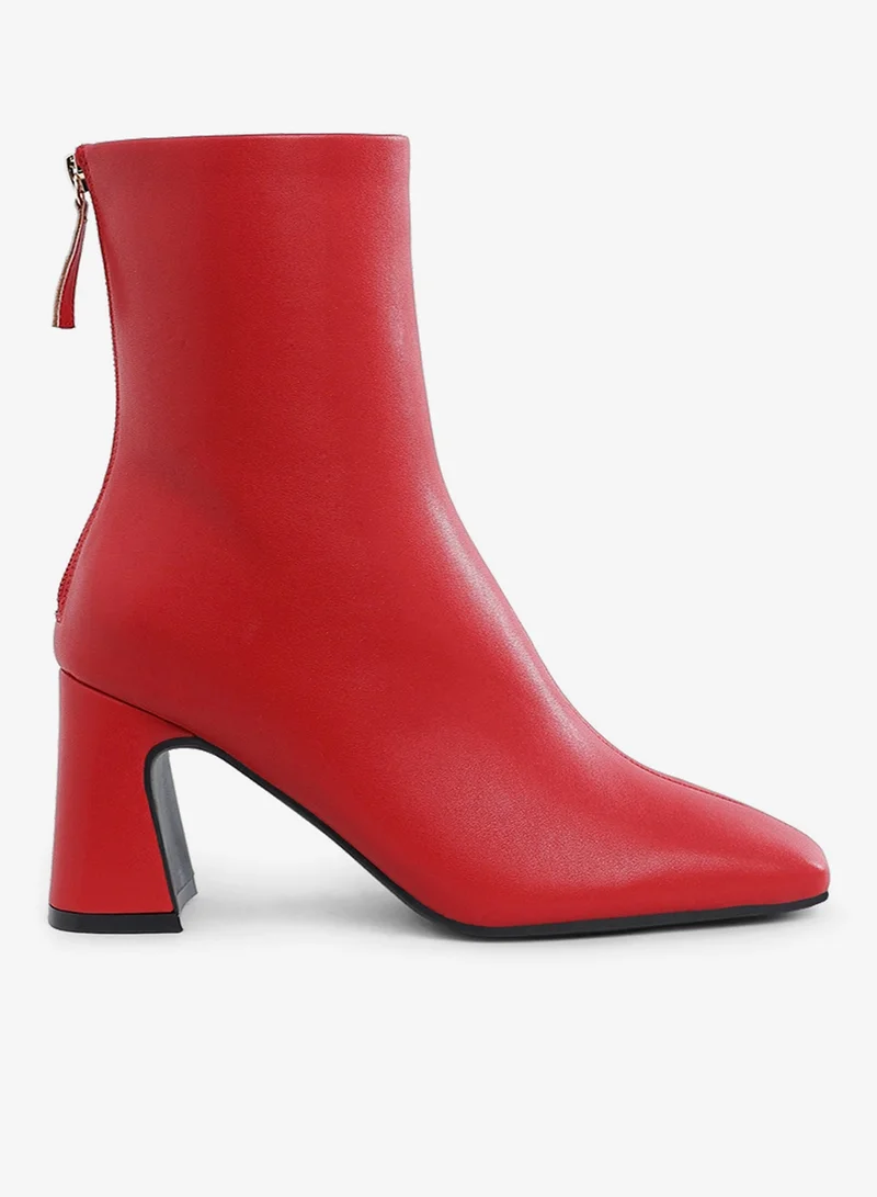 Faux Leather Square Toe Ankle Boots in Red