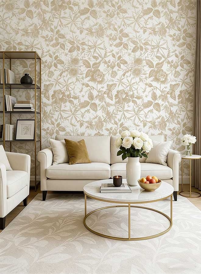 RAWAID Champagne Gold Floral Peel and Stick Wallpaper - 17.3" x 118" Removable Self-Adhesive Waterproof Vintage Flower & Butterfly Design PVC Wallpaper for Bedroom, Living Room, Cabinets, Home Decor - Image 1
