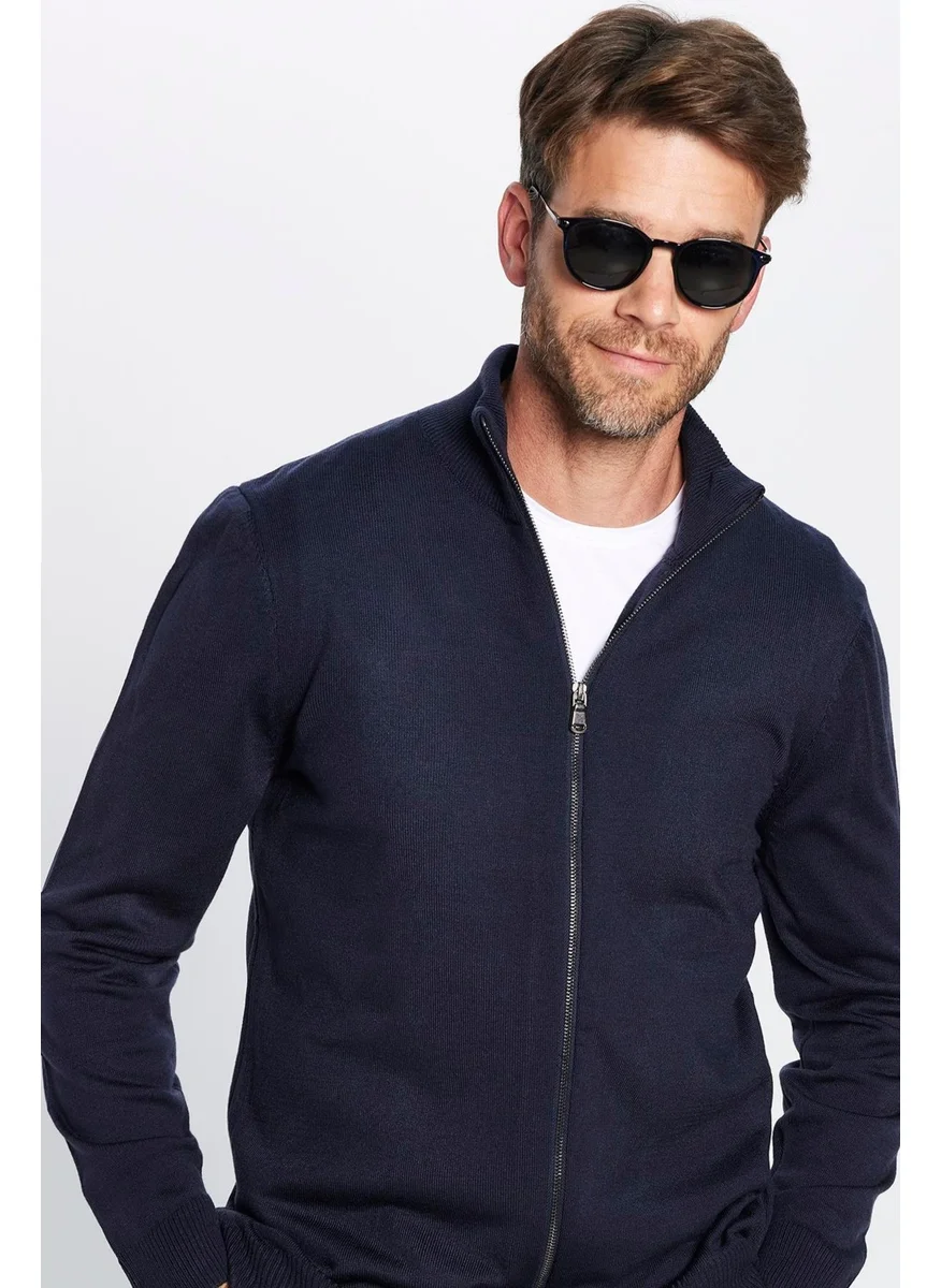 Tudors Men's Slim Fit Slim Cut Navy Blue Stand Collar Zippered Plain Cardigan