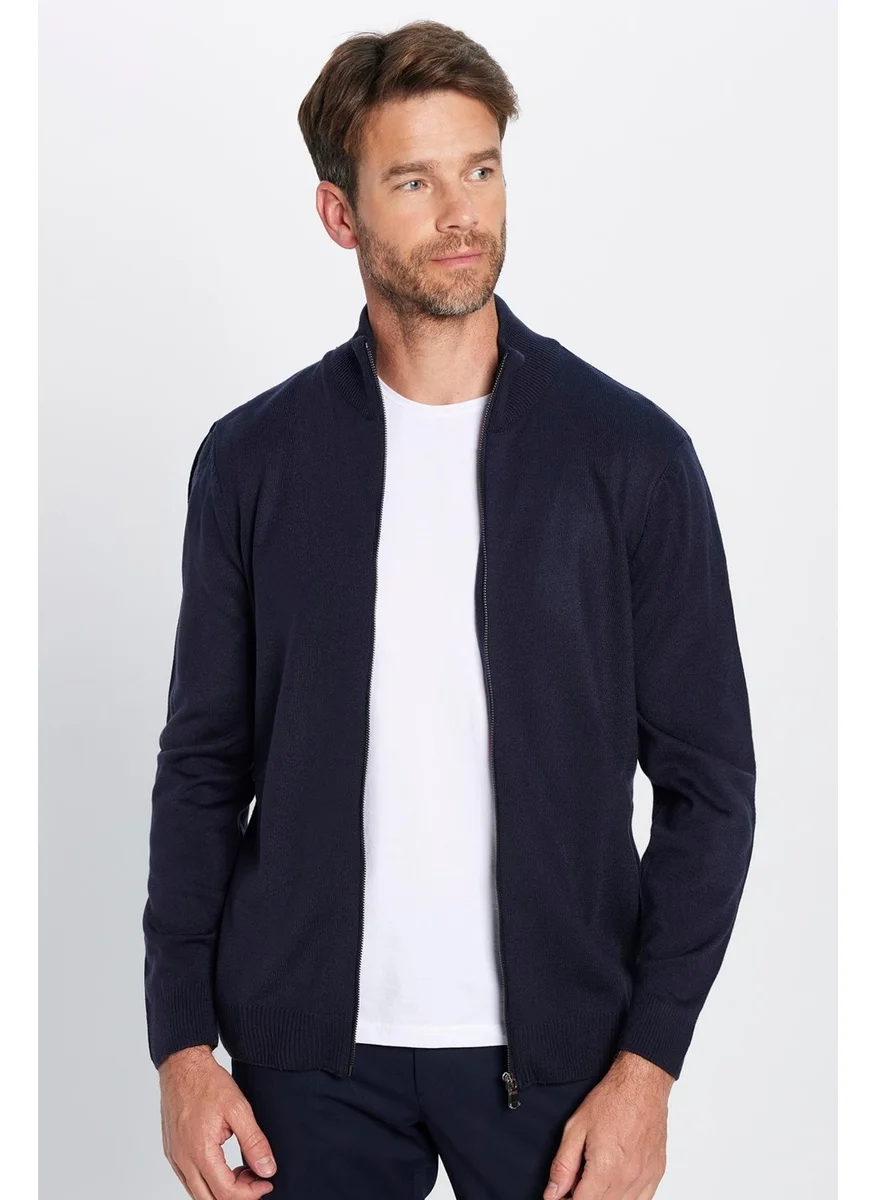 Tudors Men's Slim Fit Slim Cut Navy Blue Stand Collar Zippered Plain Cardigan