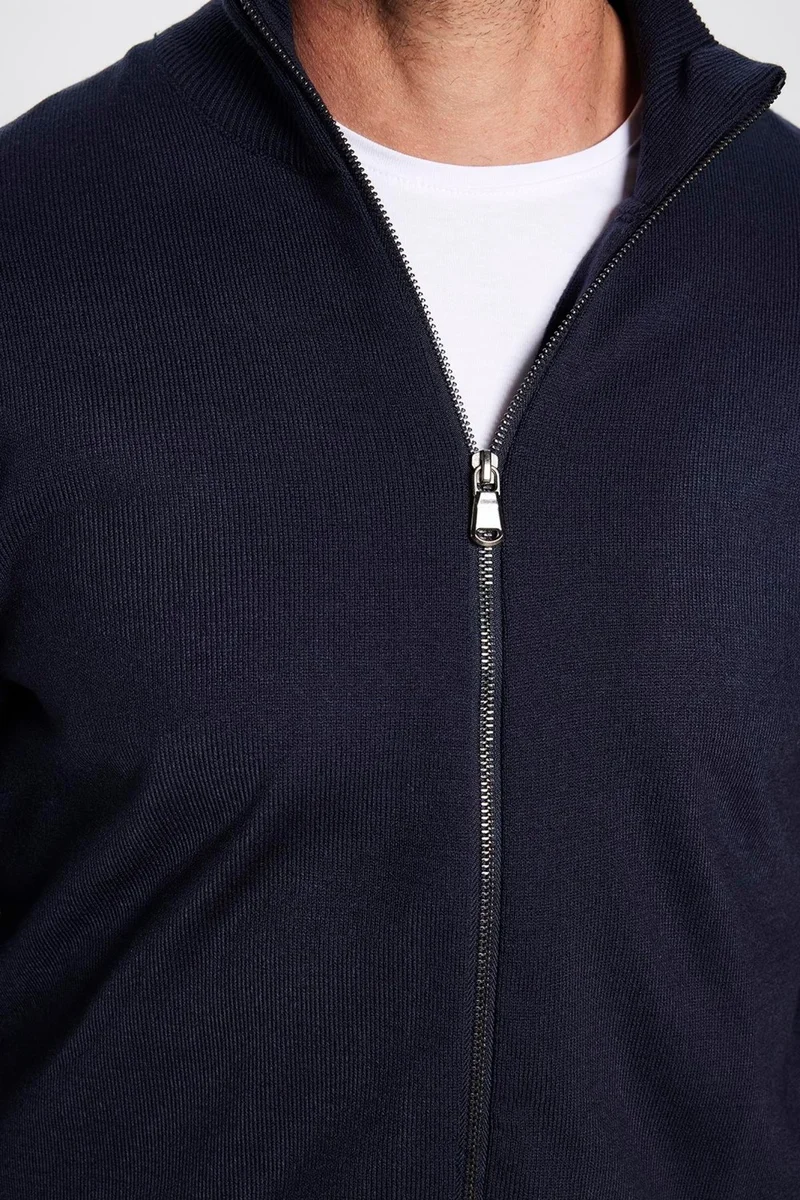 Tudors Men's Slim Fit Slim Cut Navy Blue Stand Collar Zippered Plain Cardigan