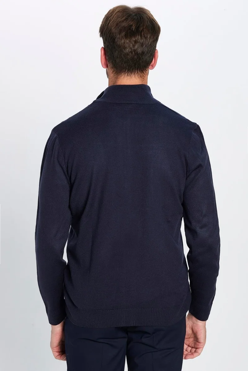Tudors Men's Slim Fit Slim Cut Navy Blue Stand Collar Zippered Plain Cardigan