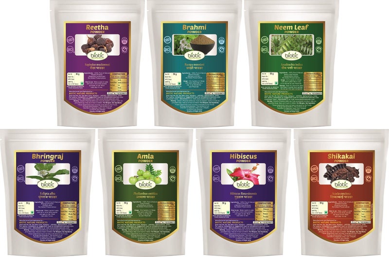 Biotic بيوتيك ناتشورال - مسحوق أوراق الأملا، الريثا، بهرينغراج، شيكاكاي، الكركديه، البراهمي والNeem - 350 جم (50 جم لكل منها) - Image 3