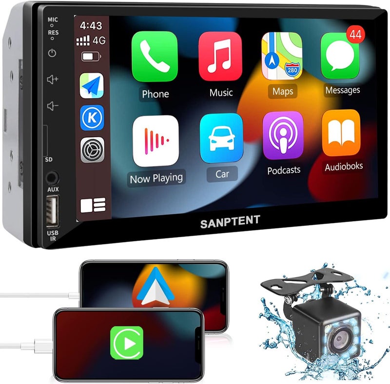 SANPTENT Double Din Car Stereo Radio with 7 Inch Touchscreen, Apple Carplay, Android Auto, Bluetooth, and Backup Camera - Image 1