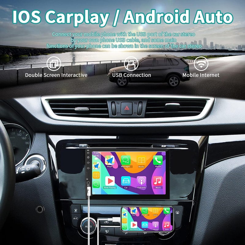 SANPTENT Double Din Car Stereo Radio with 7 Inch Touchscreen, Apple Carplay, Android Auto, Bluetooth, and Backup Camera - Image 2