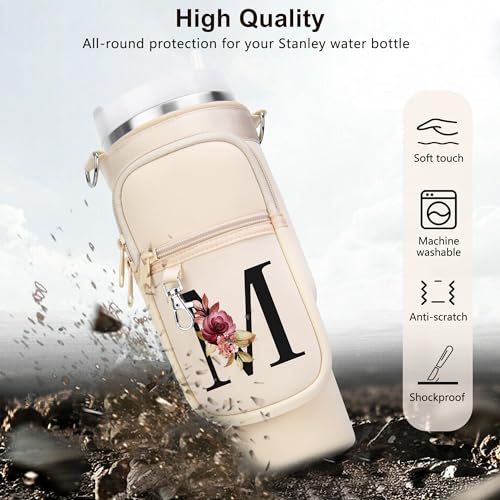 LOKASS Personalized Water Bottle Holder with Strap for Stanley Cup Accessories 40 oz Initial Stanley Cup Holder Carrier Bag with Phone Pocket Stylish Tumbler Accessories for Everyday Carry Beige W - Image 3