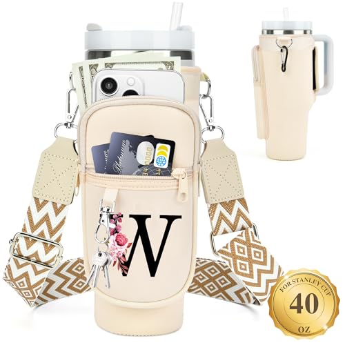 LOKASS Personalized Water Bottle Holder with Strap for Stanley Cup Accessories 40 oz Initial Stanley Cup Holder Carrier Bag with Phone Pocket Stylish Tumbler Accessories for Everyday Carry Beige W - Image 1